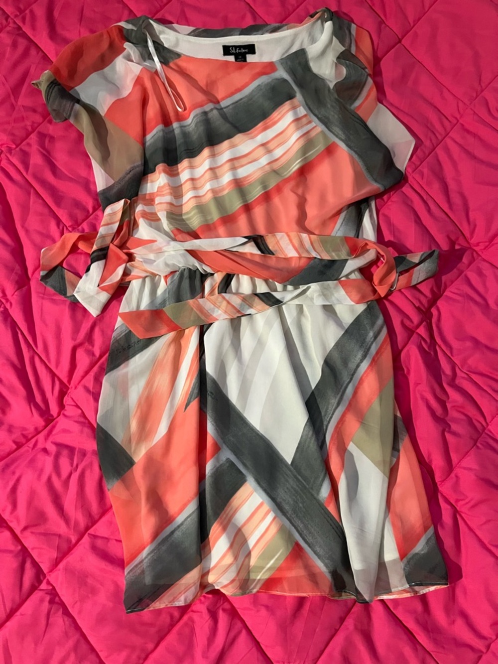S.L. Fashions Coral, Gray & White Striped Mini Dress with Waist Tie